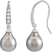 Rhodium-Plated Sterling Silver Cultured Gray Tahitian Pearl & Imitation White Cubic Zirconia Earrings