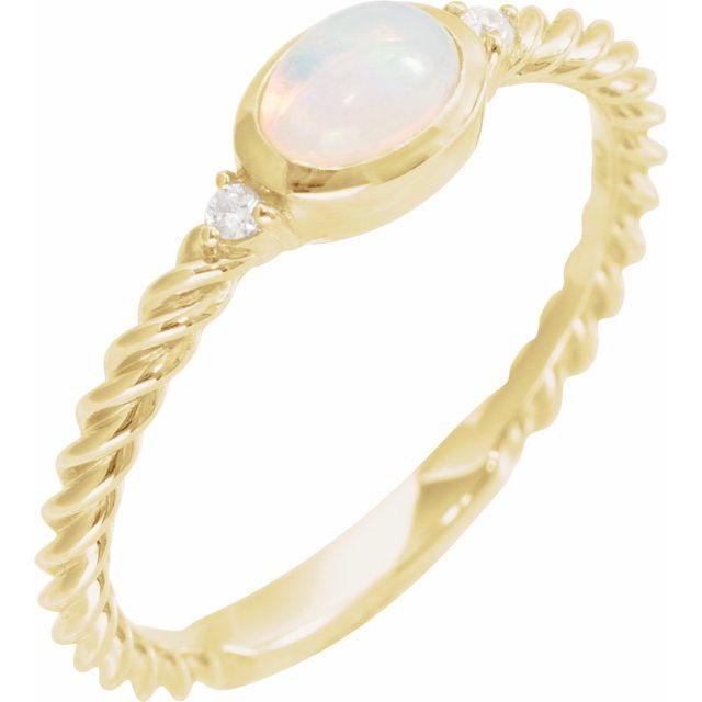 14k Yellow Natural White Opal & .03 Ctw Natural Diamond Cabochon Ring