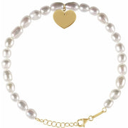 14K Yellow Cultured White Freshwater Pearl & Heart 7-8' Bracelet