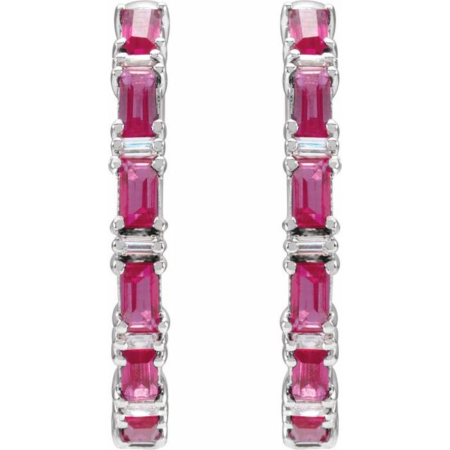 14K White Natural Ruby & 1 1/4 Natural Diamond Hoop Earrings