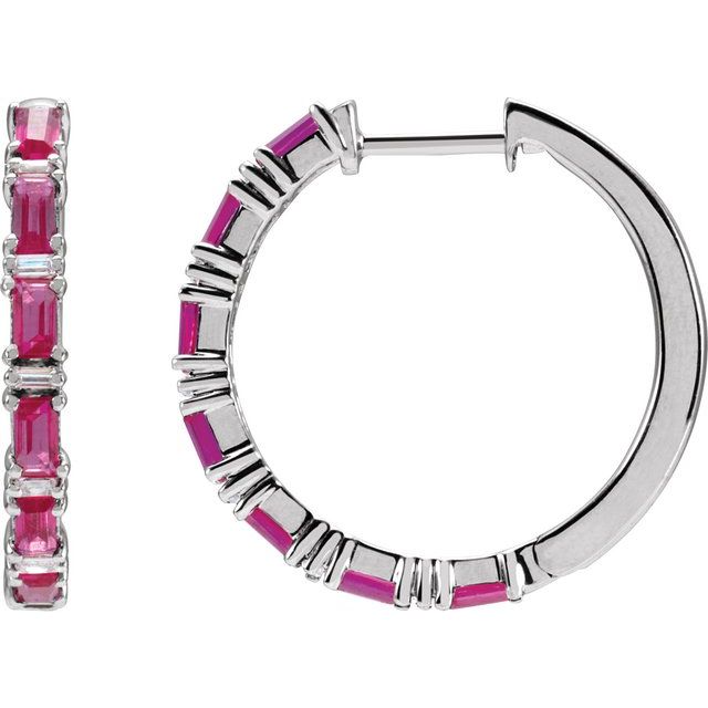 14K White Natural Ruby & 1 1/4 Natural Diamond Hoop Earrings