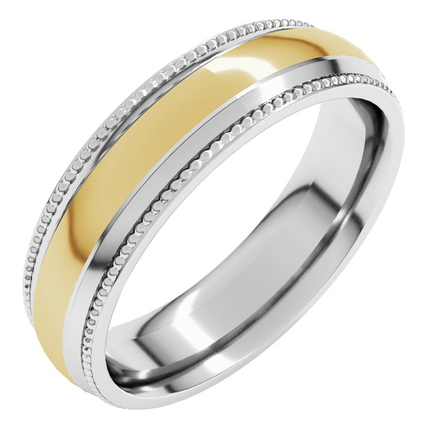 14K White/Yellow 6 mm Half Round Milgrain Comfort-Fit Band