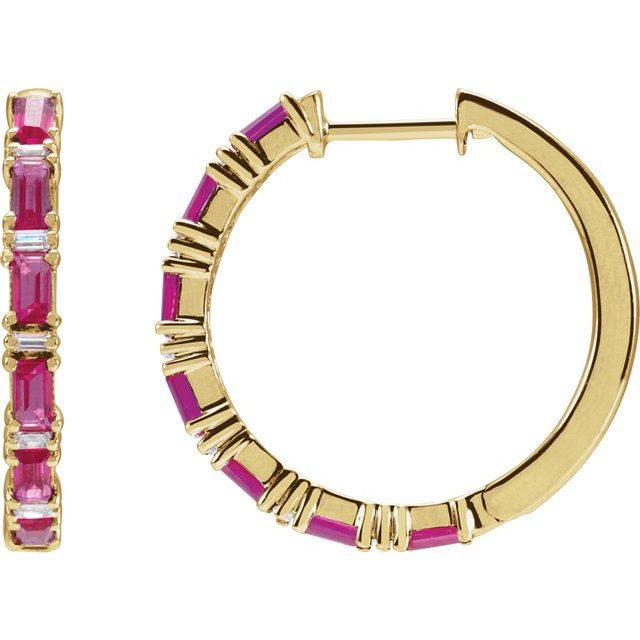 14k Yellow Natural Ruby & 1 1/4 Natural Diamond Hoop Earrings