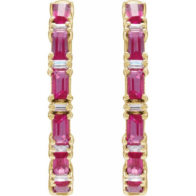 14k Yellow Natural Ruby & 1 1/4 Natural Diamond Hoop Earrings