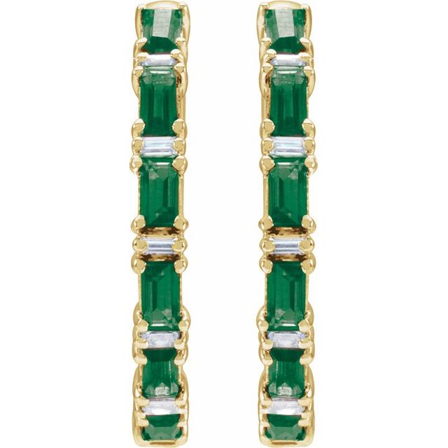 14K Yellow Natural Emerald & 1 1/4 CTW Natural Diamond Hoop Earrings