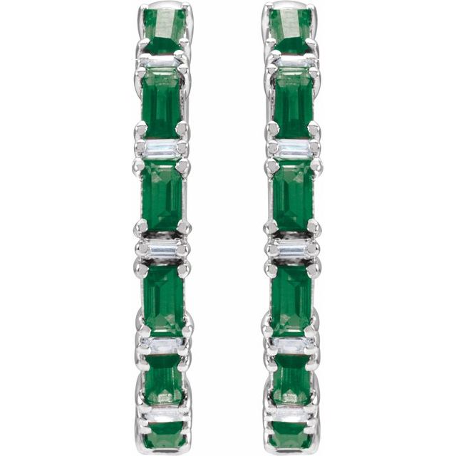 14K White Natural Emerald & 1 1/4 CTW Natural Diamond Hoop Earrings