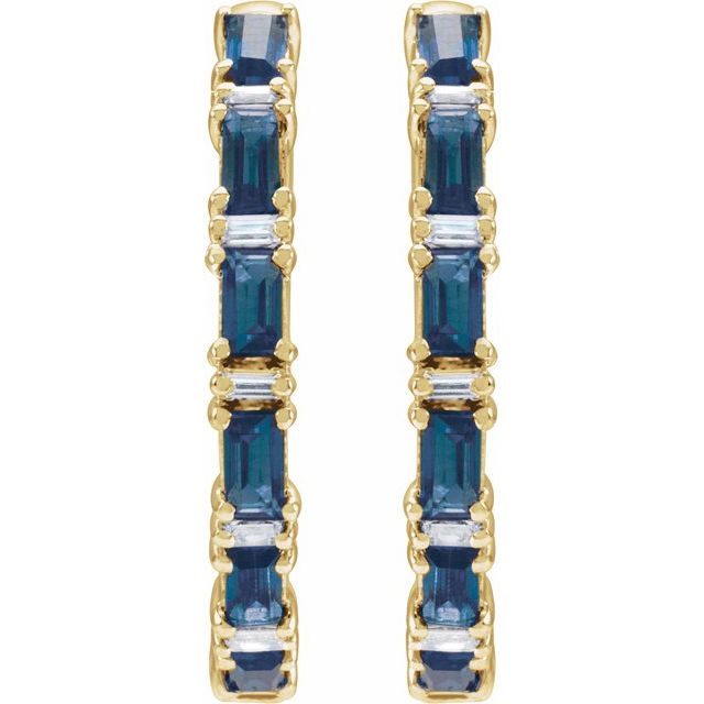 14K Yellow Natural Blue Sapphire & 1 1/4 CTW Natural Diamond Hoop Earrings