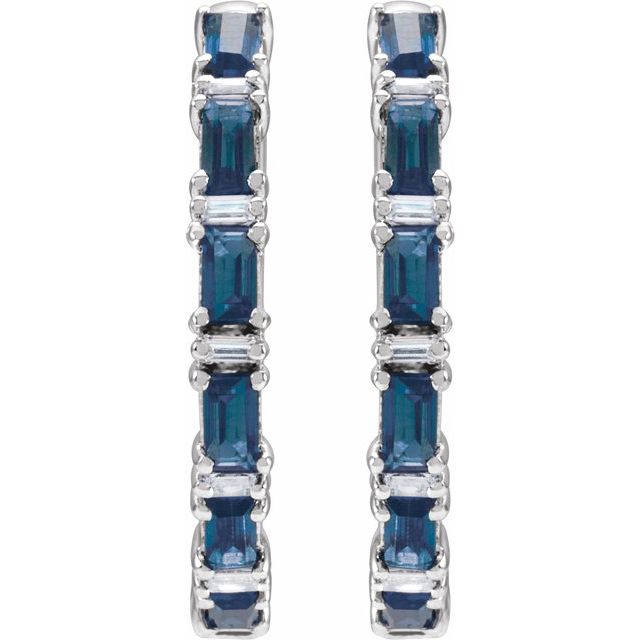 14K White Natural Blue Sapphire & 1 1/4 CTW Natural Diamond Hoop Earrings