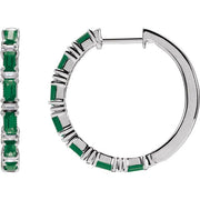 14K White Natural Emerald & 1 1/4 CTW Natural Diamond Hoop Earrings