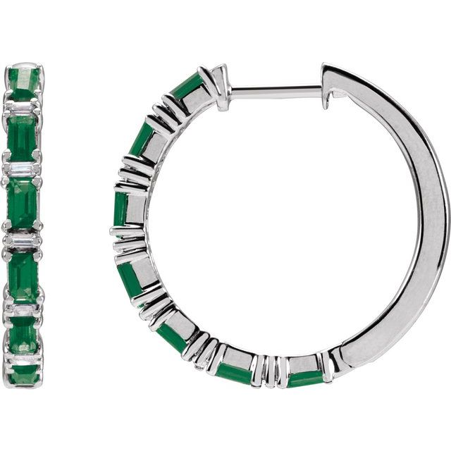 14K White Natural Emerald & 1 1/4 CTW Natural Diamond Hoop Earrings