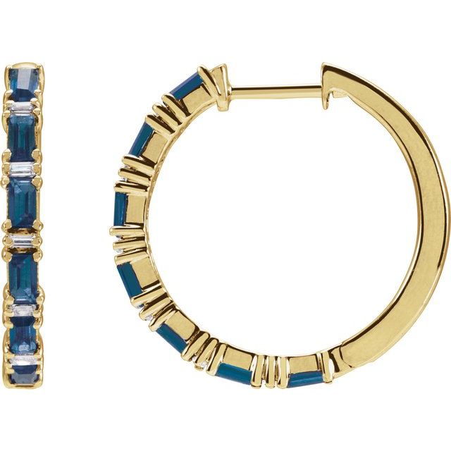 14K Yellow Natural Blue Sapphire & 1 1/4 CTW Natural Diamond Hoop Earrings