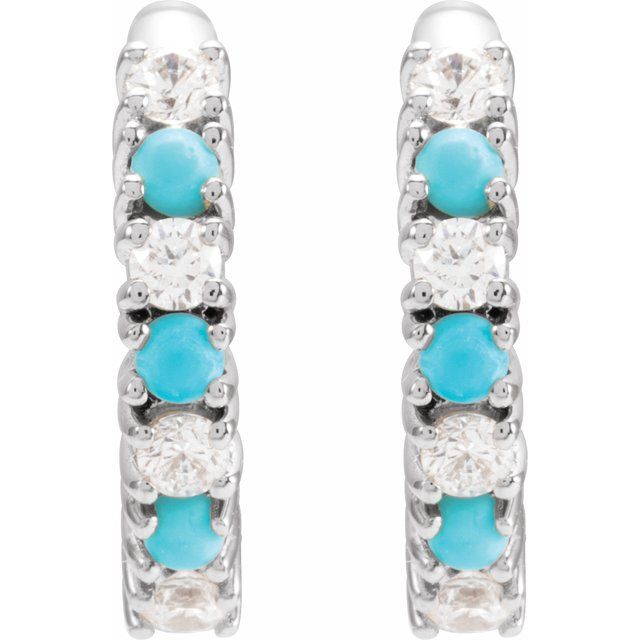 14K White Natural Turquoise & 1/3 CTW Natural Diamond Hoop Earrings