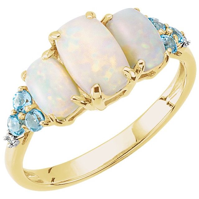 14K Yellow Natural Opal, Natural Swiss Blue Topaz & .012 CTW Natural Diamond Ring