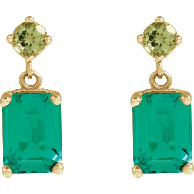 14K Yellow Lab-Grown Emerald & Natural Peridot Dangle Earrings