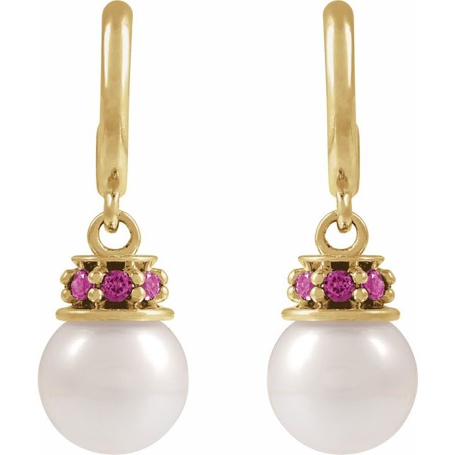 14K Yellow Cultured White Freshwater Pearl & Natural Pink Tourmaline Hoop Earrings