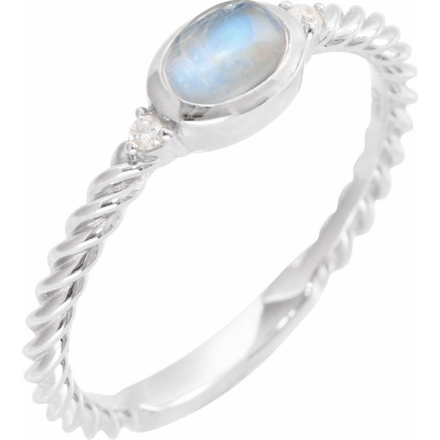 14K White Natural Rainbow Moonstone & .03 CTW Natural Diamond Cabochon Ring