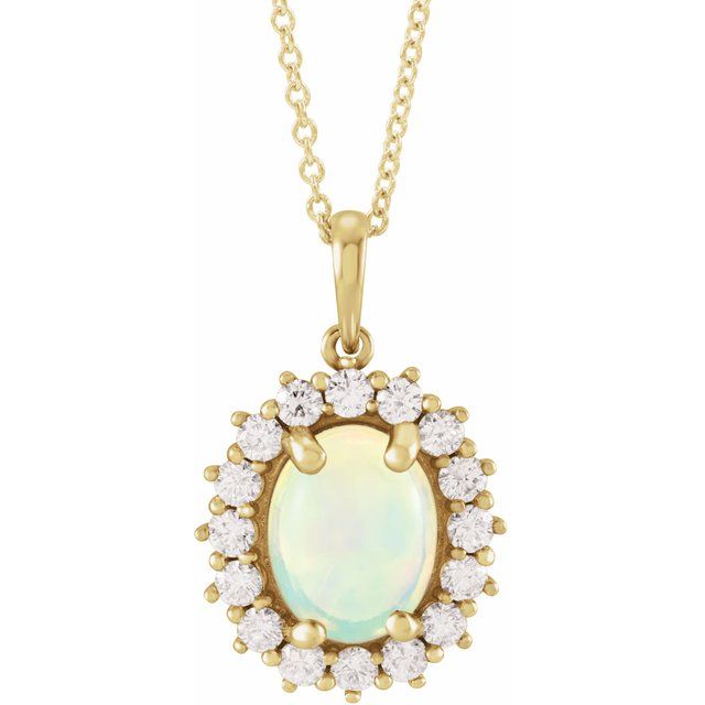 14K Yellow Natural White Ethiopian Opal & 1/3 CTW Natural Diamond Halo-Style 16-18' Necklace