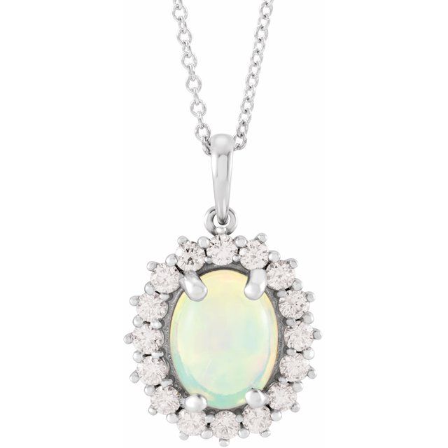 14K White Natural Ethiopian Opal & 1/3 CTW Natural Diamond Halo-Style 16-18' Necklace