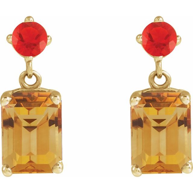 14K Yellow Natural Citrine & Natural Mexican Fire Opal Dangle Earrings