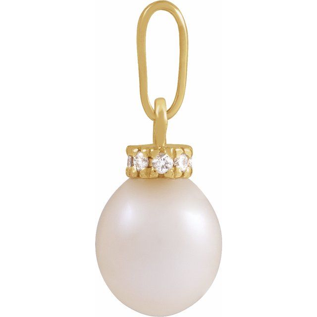 14K Yellow Cultured White Freshwater Pearl & .08 CTW Natural Diamond Pendant