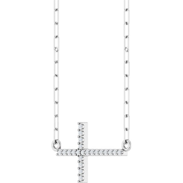 Sterling Silver .08 CTW Natural Diamond Sideways Cross 18' Necklace
