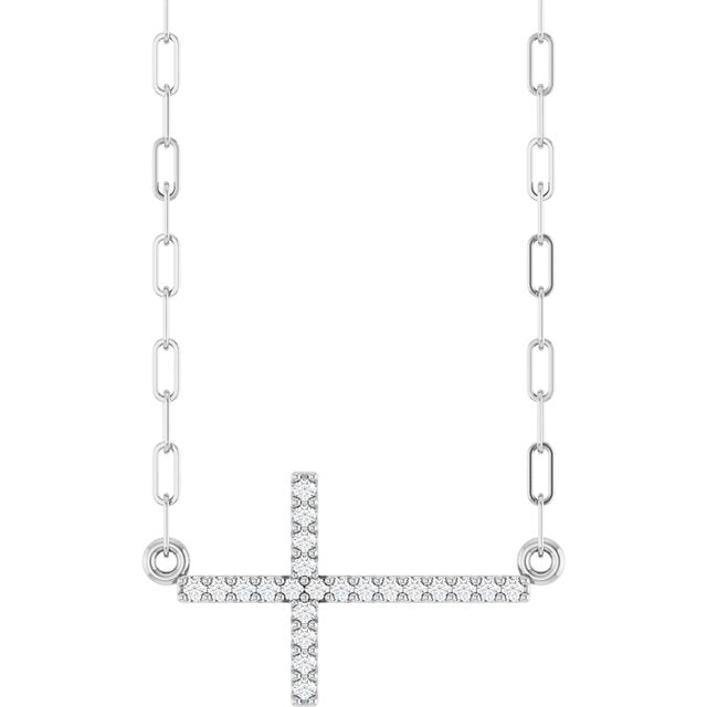 Sterling Silver .08 CTW Natural Diamond Sideways Cross 18' Necklace