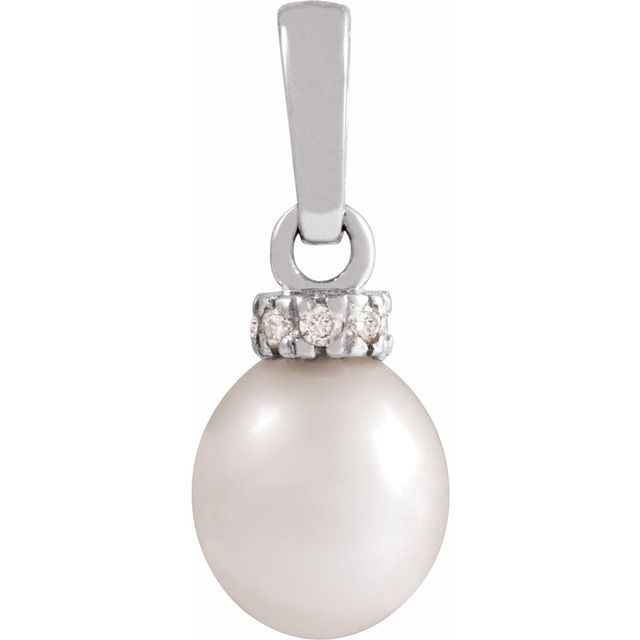 14K White Cultured White Freshwater Pearl & .08 CTW Natural Diamond Pendant