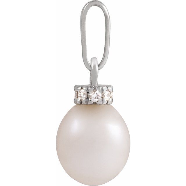 14K White Cultured White Freshwater Pearl & .08 CTW Natural Diamond Pendant