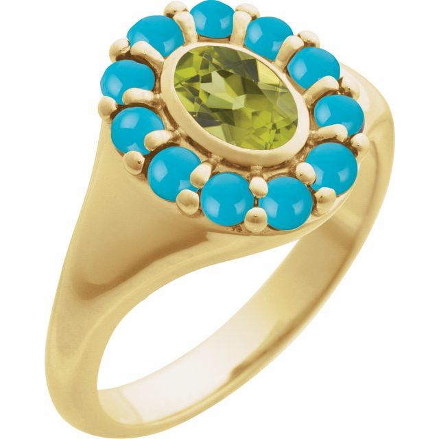 14K Yellow Natural Peridot & Natural Turquoise Halo-Style Ring