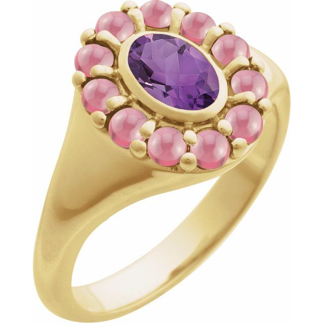14K Yellow Natural Amethyst & Natural Rhodolite Garnet Halo-Style Ring