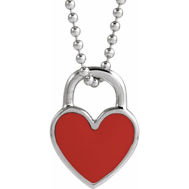 Sterling Silver Red Enamel Heart 18' Necklace