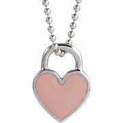 14k White Pink Enamel Heart 18' Necklace