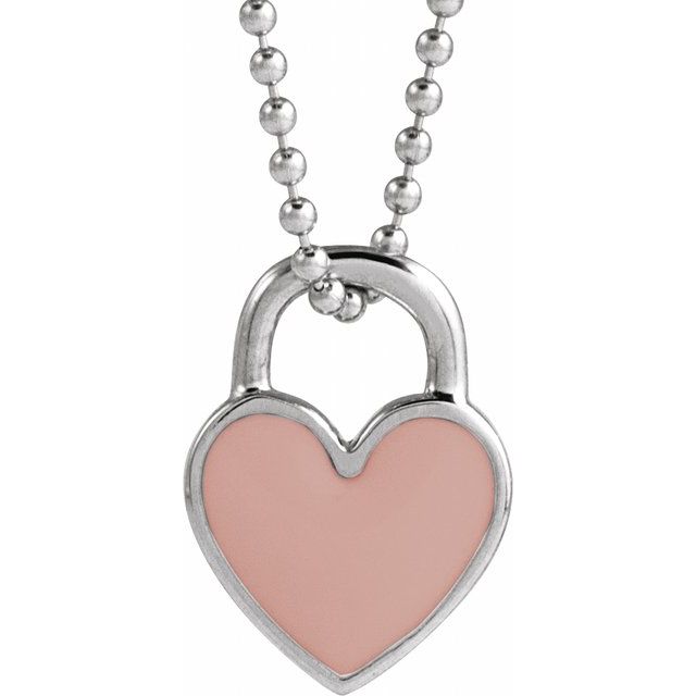 14k White Pink Enamel Heart 18' Necklace