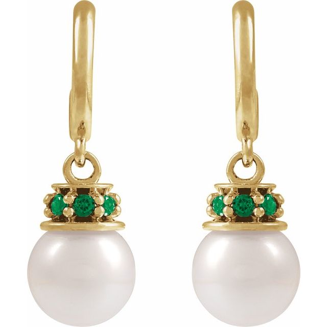 14K Yellow Cultured White Freshwater Pearl & Natural Tsavorite Garnet Hoop Earrings