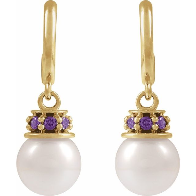 14K Yellow Cultured White Freshwater Pearl & Lab-Grown Purple Sapphire Hoop Earrings