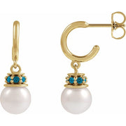 14K Yellow Cultured White Freshwater Pearl & Natural London Blue Topaz Hoop Earrings