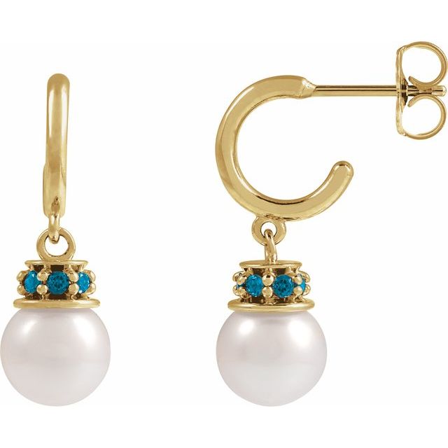 14K Yellow Cultured White Freshwater Pearl & Natural London Blue Topaz Hoop Earrings