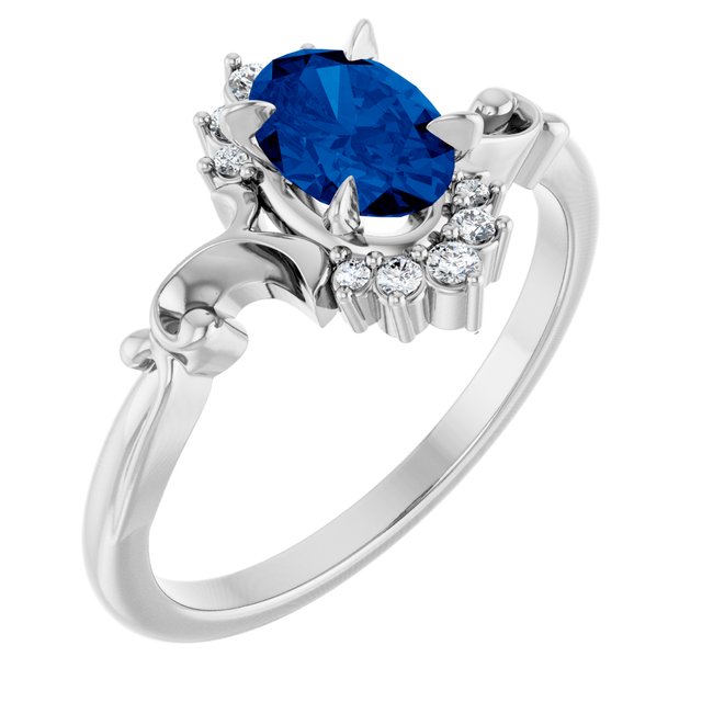 14K White Lab-Grown Blue Sapphire & .08 CTW Natural Diamond Ring