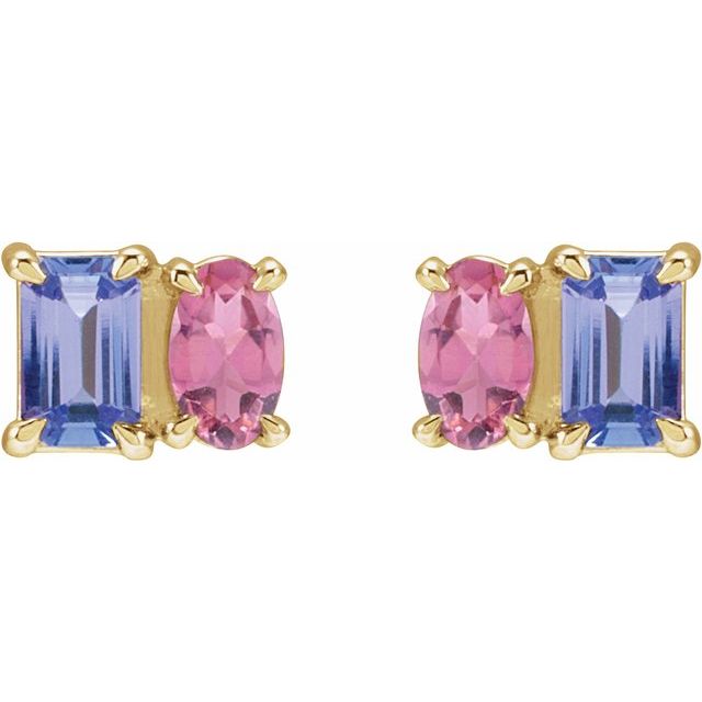 14K Yellow Natural Tanzanite & Natural Pink Tourmaline Two-Stone Stud Earrings