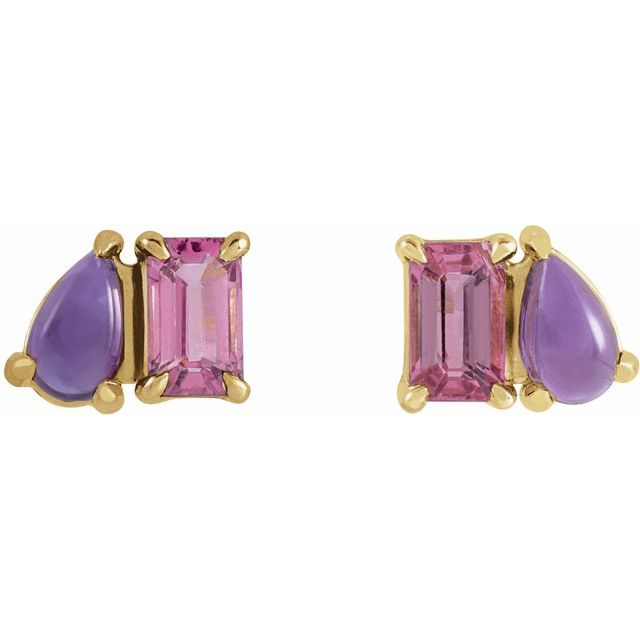 14K Yellow Natural Pink Tourmaline & Natural Amethyst Two-Stone Stud Earrings