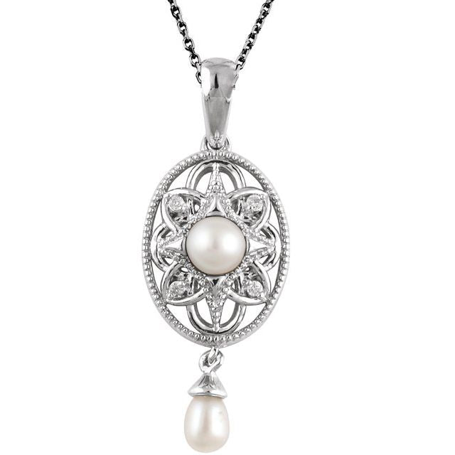 Sterling Silver Cultured White Freshwater Pearl & .025 CTW Natural Diamond 18' Necklace