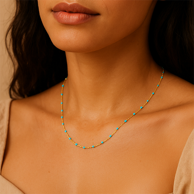 14K Yellow 2 mm Adjustable Turquoise Enamel Bead 19-20' Chain