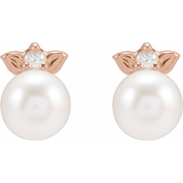 14K Rose Cultured Akoya Pearl & .03 CTW Natural Diamond  Floral Earrings