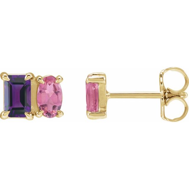 14K Yellow Natural Amethyst & Natural Pink Tourmaline Two-Stone Stud Earrings