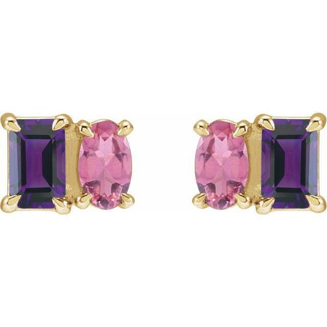 14K Yellow Natural Amethyst & Natural Pink Tourmaline Two-Stone Stud Earrings