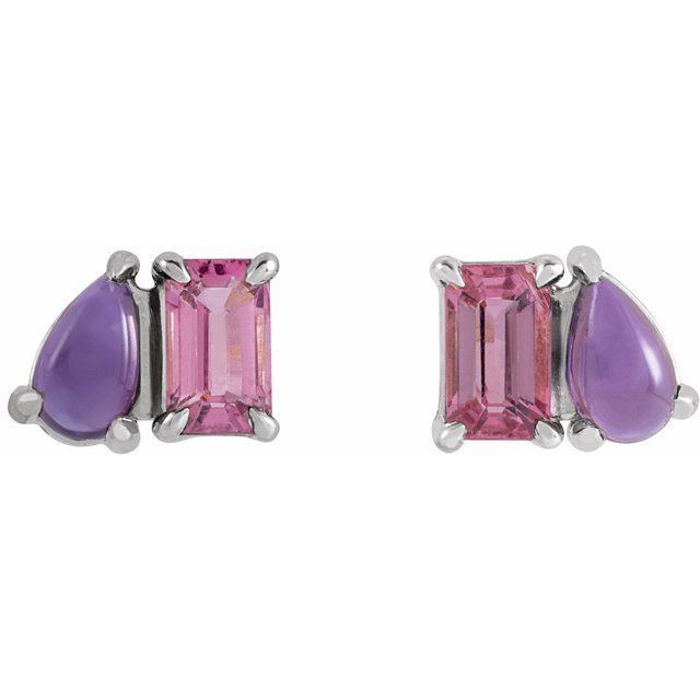 14K White Natural Pink Tourmaline & Natural Amethyst Two-Stone Stud Earrings