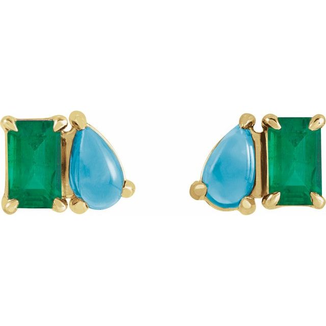 14K Yellow Lab-Grown Emerald & Natural Turquoise Two-Stone Stud Earrings
