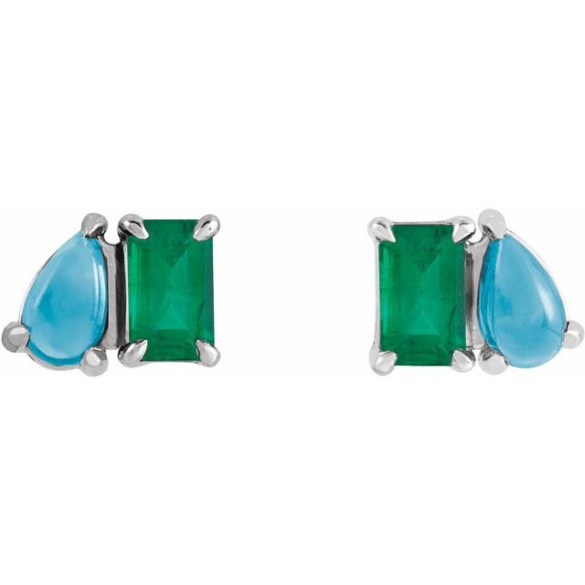 14K White Lab-Grown Emerald & Natural Turquoise Two-Stone Stud Earrings