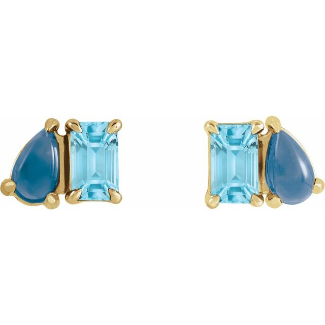 14K Yellow Natural Sky Blue Topaz & Natural London Blue Topaz Two-Stone Stud Earrings
