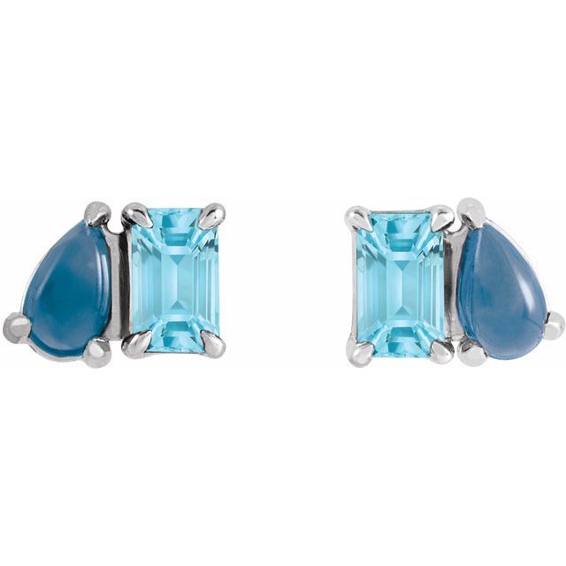 14K White Natural Sky Blue Topaz & Natural London Blue Topaz Two-Stone Stud Earrings